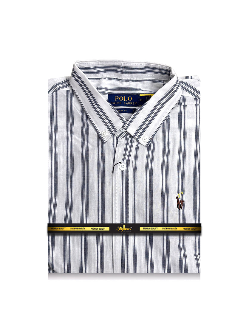 Men’s White & Grey Vertical Stripe Slim Fit Shirt