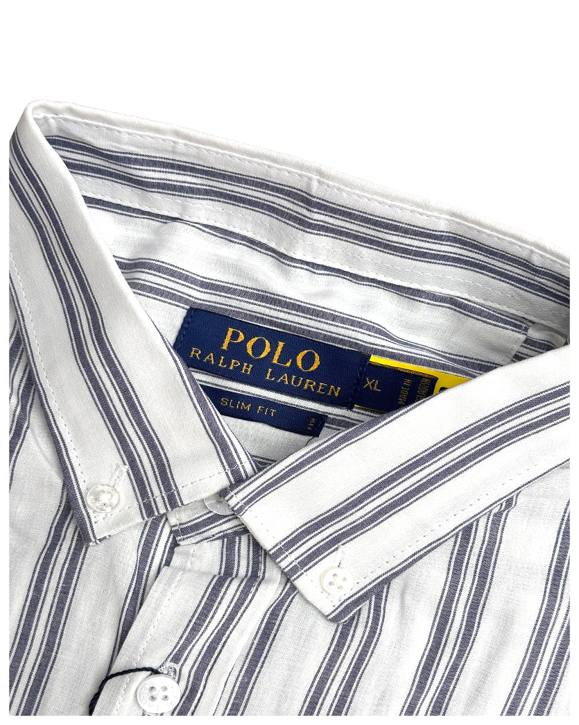 Men’s White & Grey Vertical Stripe Slim Fit Shirt